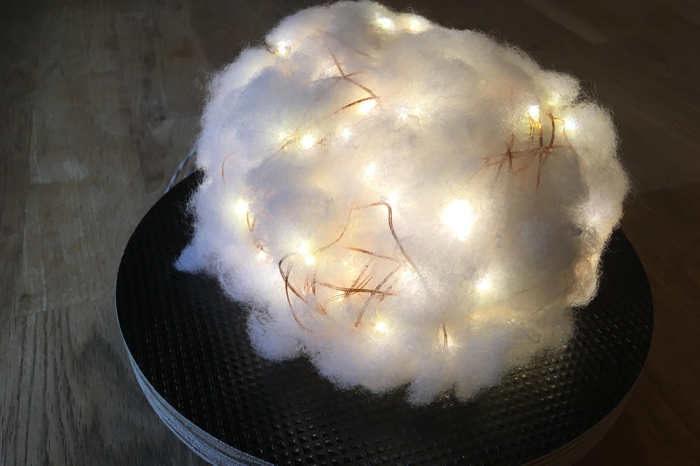 Watte, Lichterkette und Grips – die Zwillingstöchter des Slammers Christoph Benzmüller haben dieses Gehirn gebastelt. Es lernt durch Bewegung: indem es an einer Strippe umhergezogen wird.