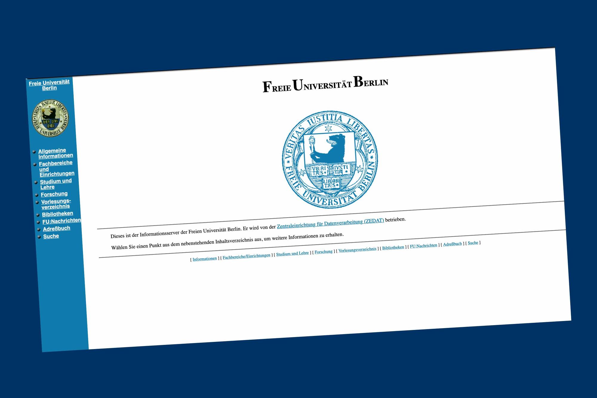 So sah die Homepage der Freien Universität Berlin am 19. Juni 1997 aus. Die Momentaufnahme stammt aus dem Internet-Archiv „Wayback Machine“, dort sind sogar die Unterseiten klickbar. Frühere Aufzeichnungen gibt es leider nicht mehr.