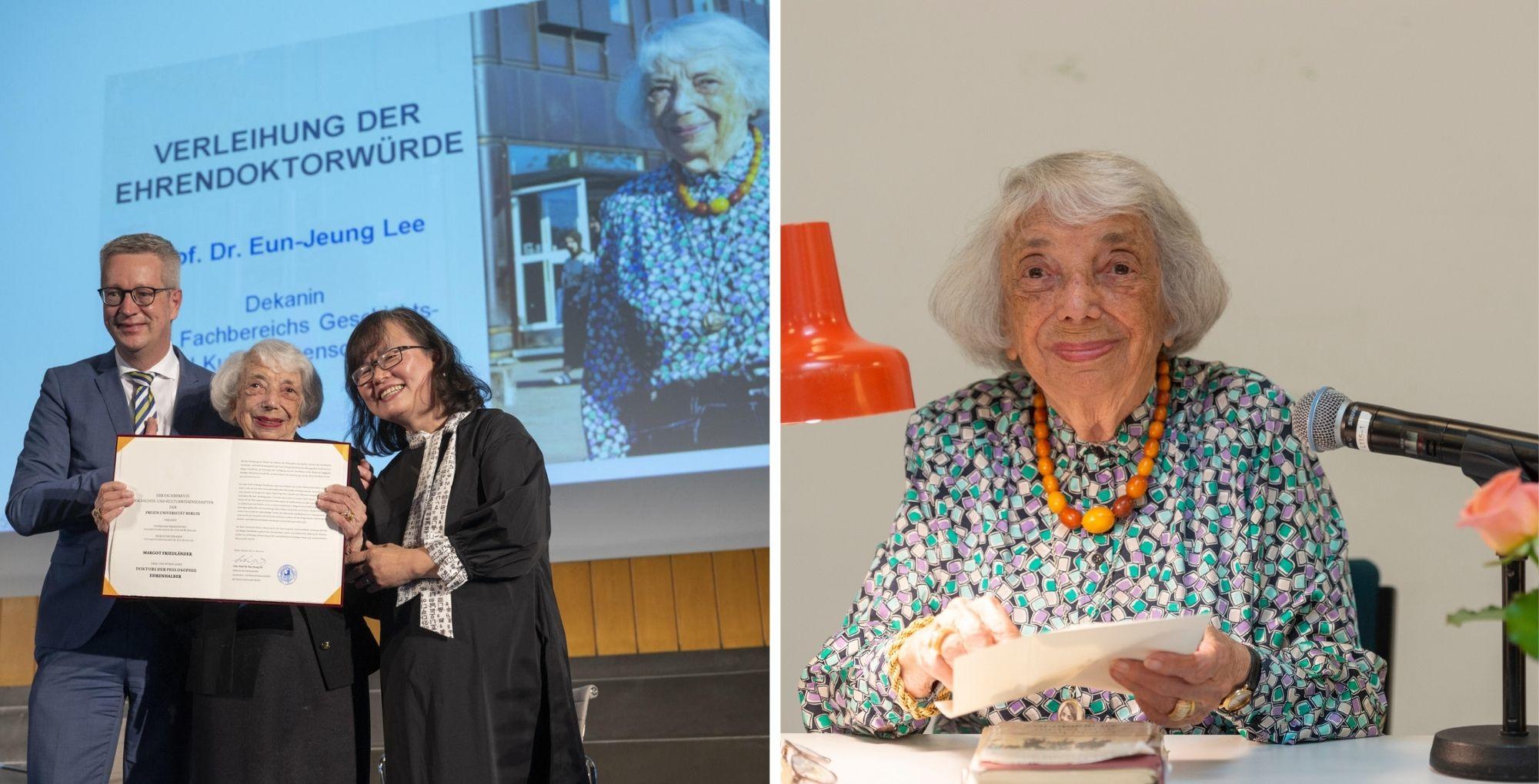 Verleihung der Ehrendoktorwürde im Mai 2022 (li.), Lesung aus der Biografie „Versuche, dein Leben zu machen“ im August 2019 an der Freien Universität.