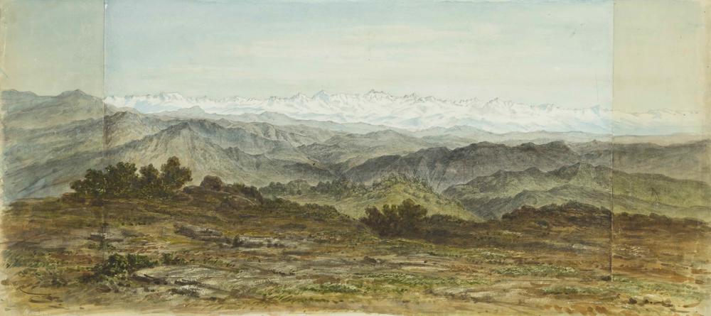 Himalaya-Panorama aufgenommen vom Naina-Gipfel in Nainital. Adolph Schlagintweit 29. April 1855. Das „Chinar-Panorama“ war die erste detaillierte Aufnahme einer langen Himalaya-Kette mit der Nanda Devi (7816m) als höchstem und heiligstem Gipfel.