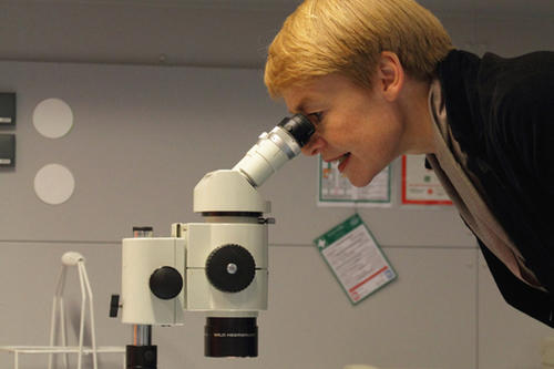 Mit Forscherblick: Senatsbaudirektorin Regula Lüscher bewertet den Einsatz von über 950.000 Euro ihrer Senatsverwaltung für die Sanierung der Laborbereiche im Botanischen Museum als gewinnbringende Investition und denkmalgerechte Leistung.