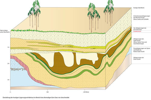 Dass der frühere Jagdplatz des Neandertalers heute noch erhalten ist, ist einer Abfolge von erdgeschichtlichen Vorgängen zu verdanken. Die Darstellung zeigt den Bereich des ehemaligen Eem-Sees von Jänschwalde.