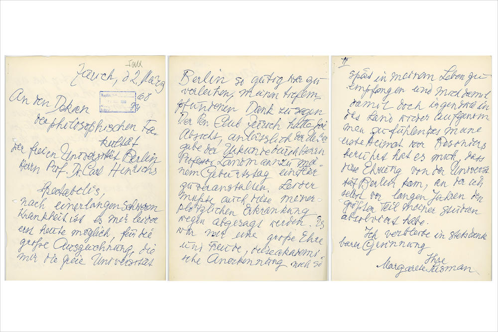 Margarete Susmans Dankesbrief vom 2. März 1960 an den Dekan der Philosophischen Fakultät. Wegen langer Krankheit konnte sich die im Juni des Vorjahres mit der Ehrendoktorwürde Ausgezeichnete erst ein halbes Jahr später melden.