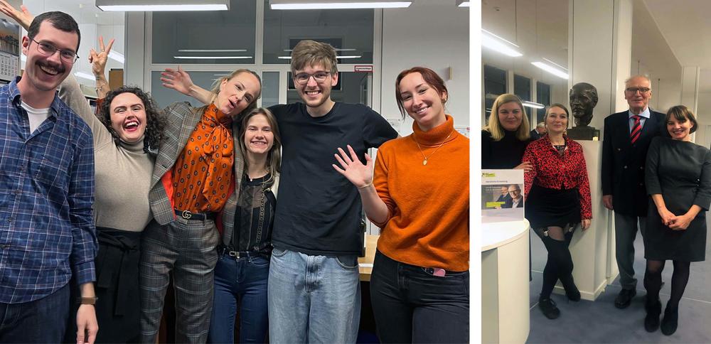 Links: Die studentischen Hilfskräfte Diana, Katharina, Emily, Wanja und Friederike sowie Patrick, ein Freiwilliger. Rechts: Die Bibliothekarinnen des FMIs Sweta Meschkapowitz, Yana Vasileva und Ulrike Tarnow haben die „Sösesause“ organisiert.