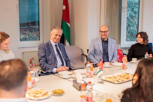 Reception at the Jordanian Embassy in Berlin featuring an extensive discussion with Ambassador H.E. Mr. Fayiz Khouri (center), Prof. Salah Amasheh, and Dr. Linda Drößler (right).