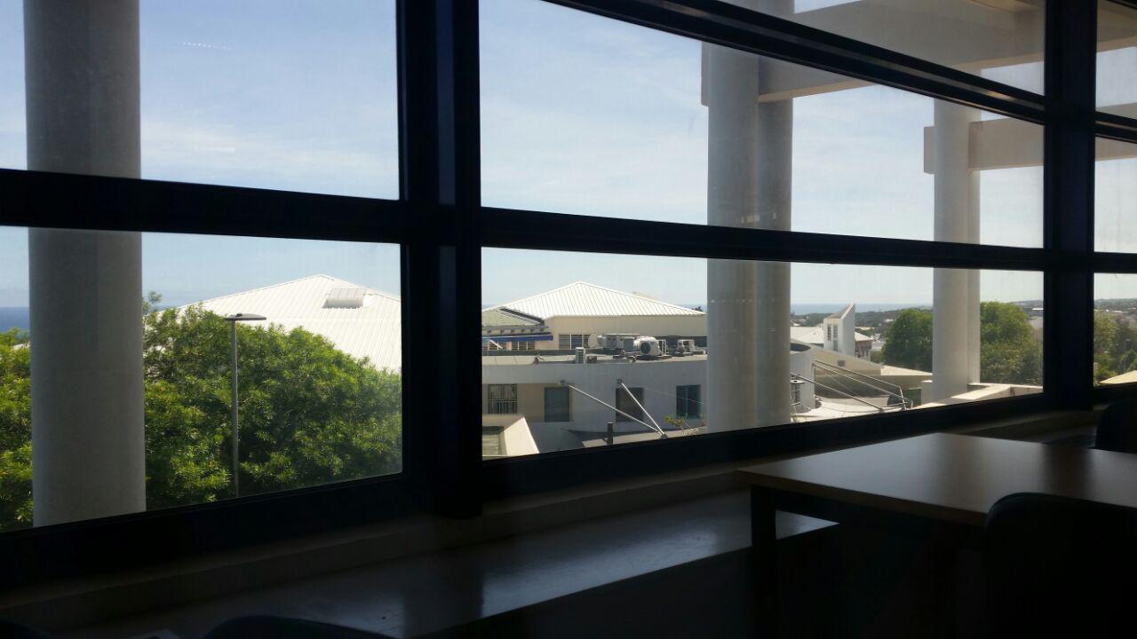 When you look out of the library, you can see the ocean behind the buildings in the foreground.