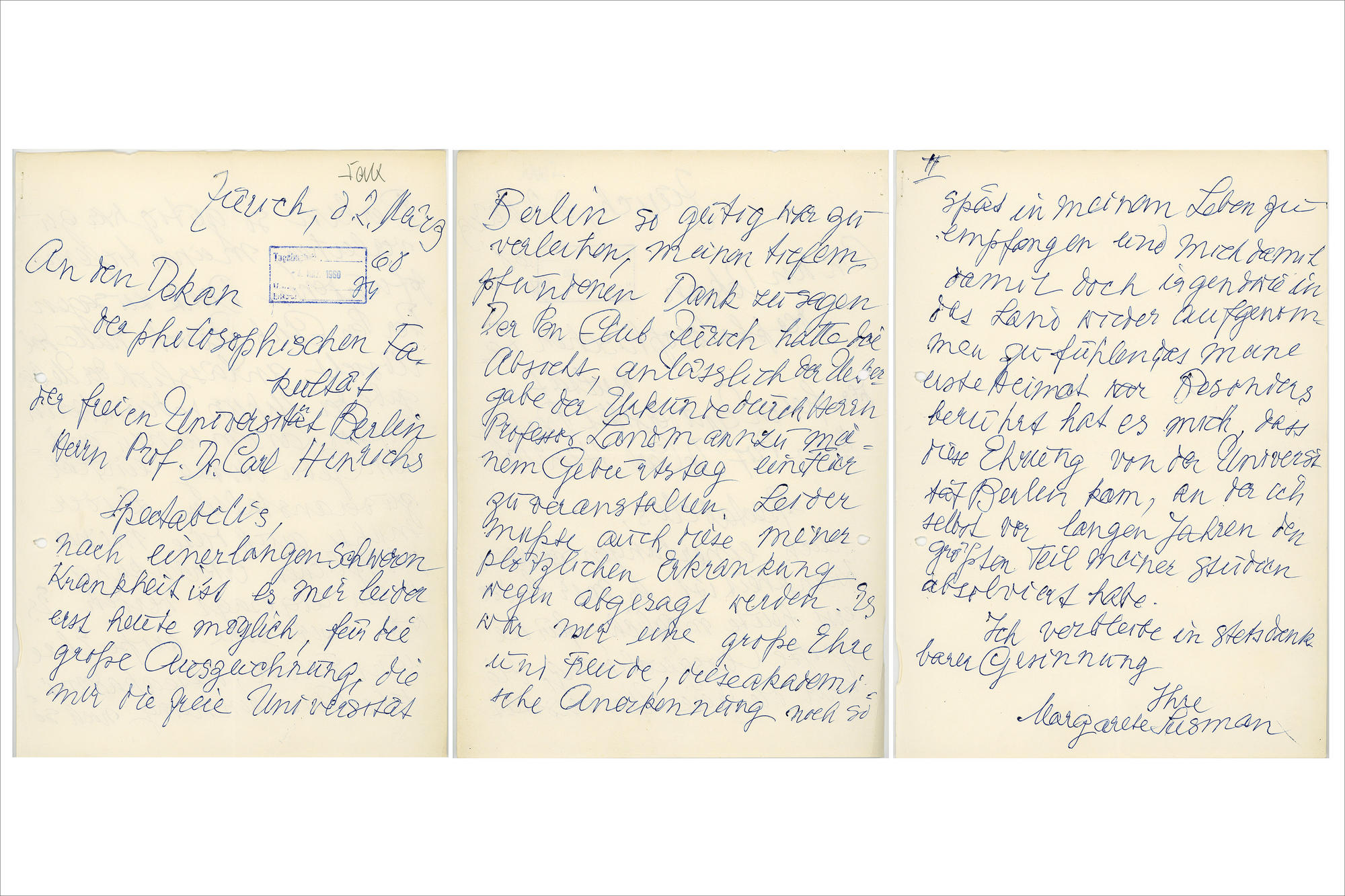 Margarete Susman’s thank-you letter from March 2, 1960, to the dean of the philosophy department. Due to a long period of illness, Susman’s reply was delayed more than half a year.