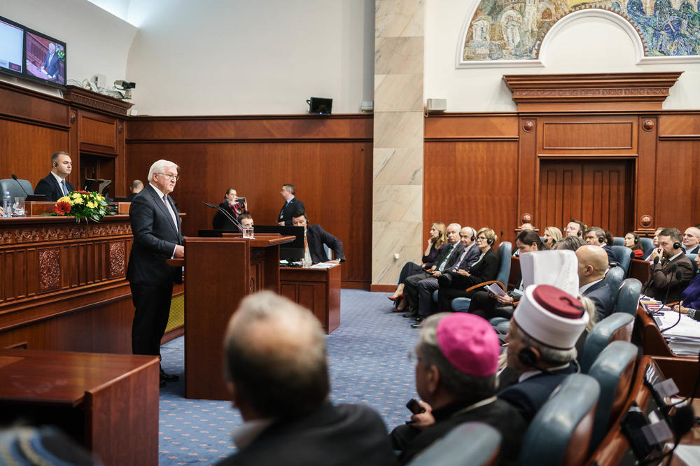 German Federal President Frank-Walter Steinmeier giving a speech before the parliament of North Macedonia in Skopje.
