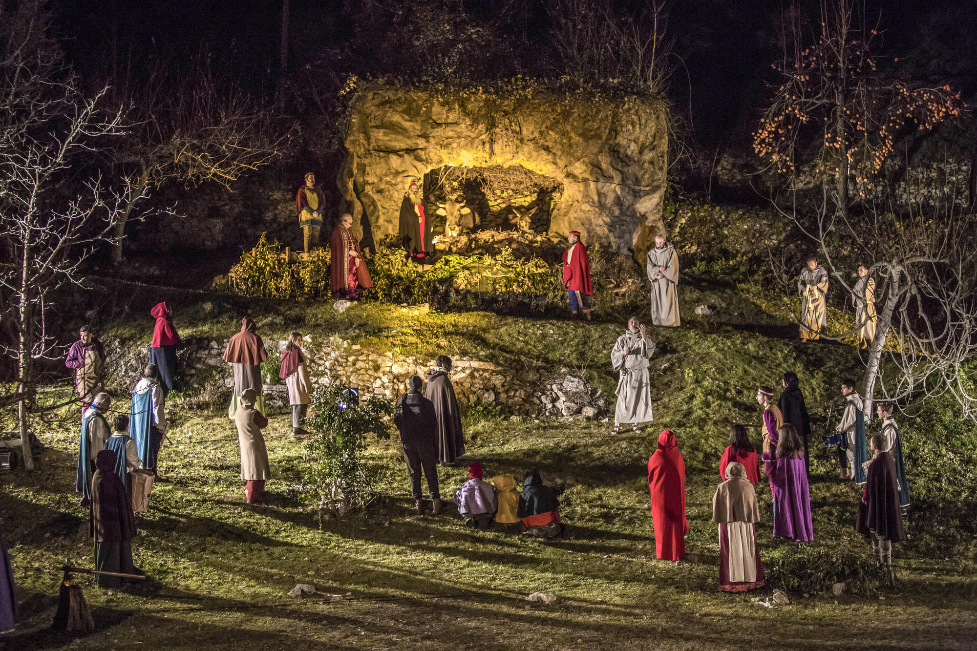 Staging of a nativity play in Greccio, Italy, the birthplace of this festive tradition.