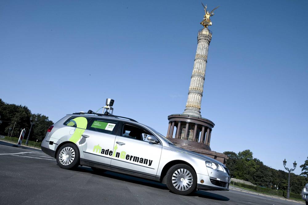 Made in Germany and on the road in Berlin. The autonomous vehicle developed by researchers at Freie Universität Berlin during one of its test-drives in December 2015.