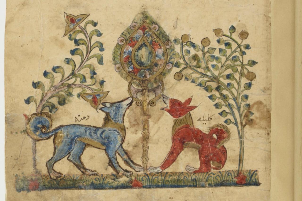 The wild dogs Kalīla and Dimna are the main characters in a collection of fables whose origins reach back to 300 CE.