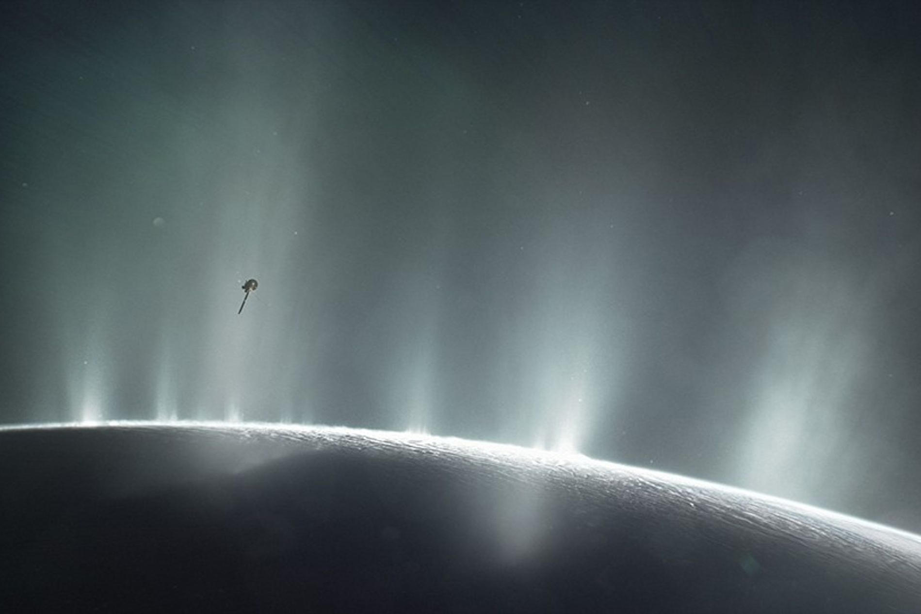 The artist’s impression illustrates the Cassini space probe exploring the ice volcanoes of Enceladus.