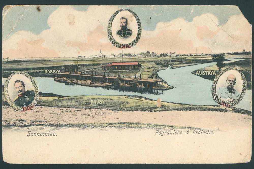 Three Emperors’ Corner, a former triple border at the confluence of the Black and White Przemsza rivers, depicted on a postcard dated sometime before 1914. It is located near the towns of Mysłowice, Sosnowiec, and Jaworzno in present-day Poland.