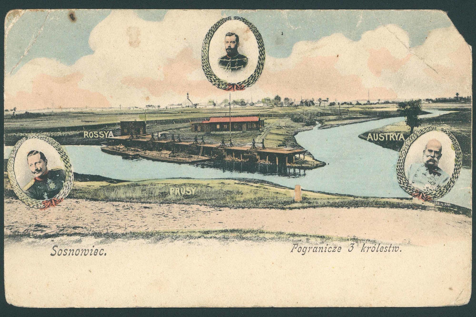 Three Emperors’ Corner, a former triple border at the confluence of the Black and White Przemsza rivers, depicted on a postcard dated sometime before 1914. It is located near the towns of Mysłowice, Sosnowiec, and Jaworzno in present-day Poland.