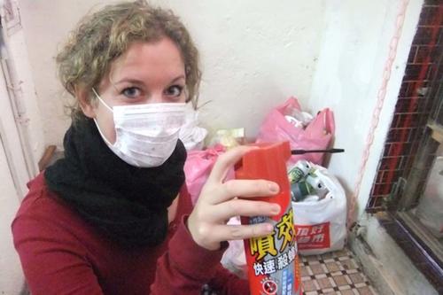 Nora Lessing in full regalia in the fight against uninvited Christmas guests.