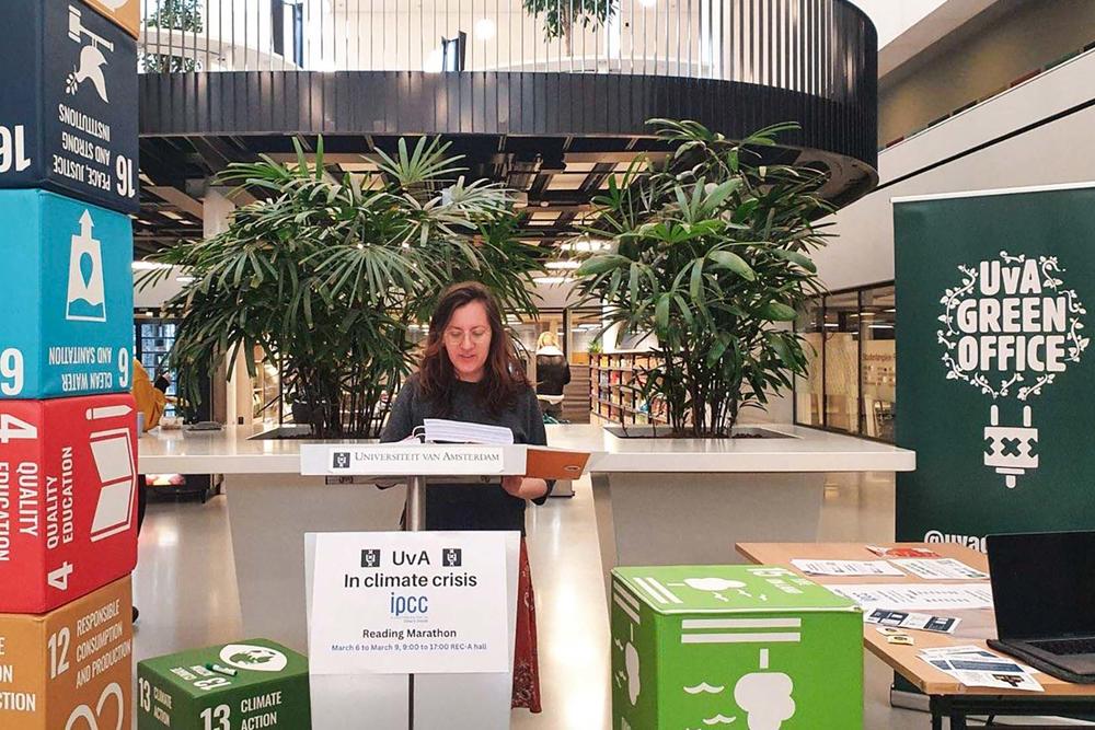 Reading marathon at the University of Amsterdam (UvA) in 2024, where the IPCC’s report was read aloud over several days.