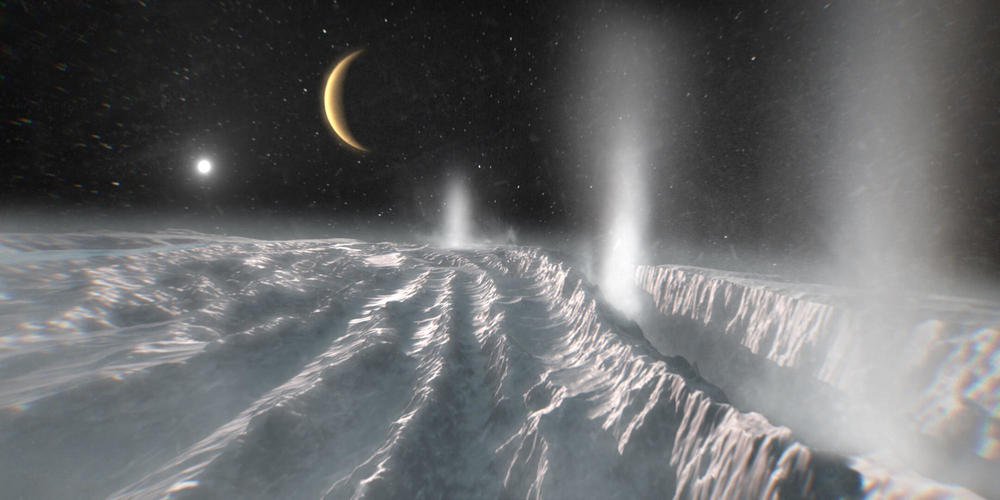 Artist’s impression of cryovolcanism on Enceladus, an icy moon of Saturn.