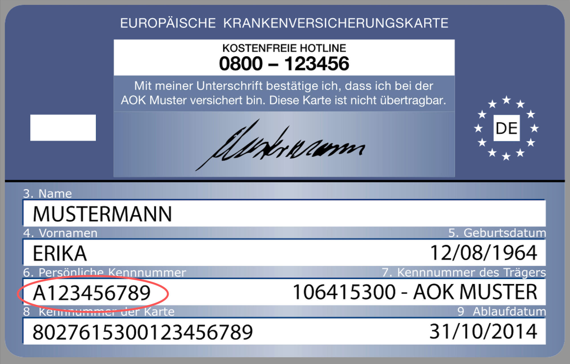 Example Health Insurance Card (Gesundheitskarte): Insurance Number