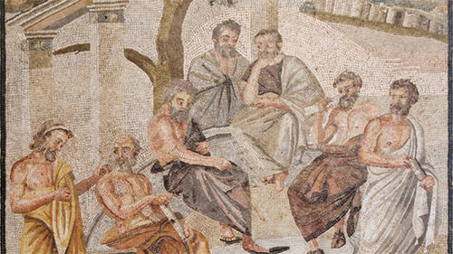 Die Akademie des Platon (vermutlich dritter von links), dargestellt auf einem Mosaik aus dem Haus der T. Siminius Stephanus, Pompeii