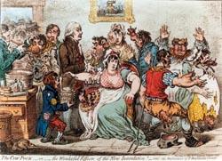 Karikatur auf die von Edward Jenner 1799 eingef&uuml;hrte Impfung mit Kuhpockengift. Radierung, koloriert, 1806.