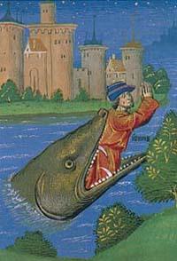 Jona wird vom Wal an Land gespieen, Miniatur in einer Bibel aus dem Papstpalast von Avignon, Montpellier 