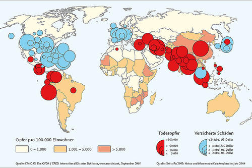 Todesopfer und versicherte Schäden – die 40 größten Schadensereignisse seit 1970 im Vergleich.
