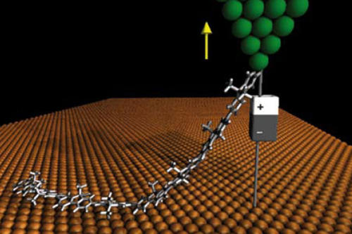Hochziehen einzelner Polymerketten durch Manipulation mit dem Rastertunnelmikroskop.