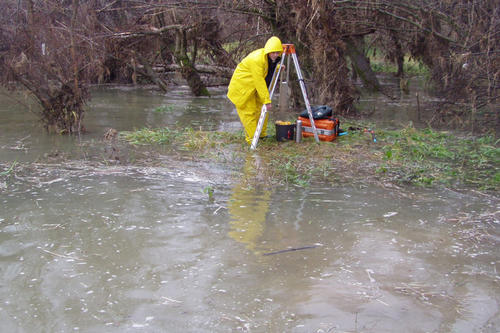 Südlich von Breisach am Oberrhein vermisst eine Studentin das geflutete Untersuchungsgelände. Die Wissenschaftler wollen die Strömungsverhältnisse einer Aue besser verstehen.