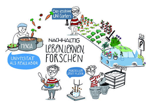 Leben, lernen und forschen im Kreislauf: Gemüse könnte im Uni-Garten angebaut, in der Mensa verarbeitet und die Reste im Kompost entsorgt werden.