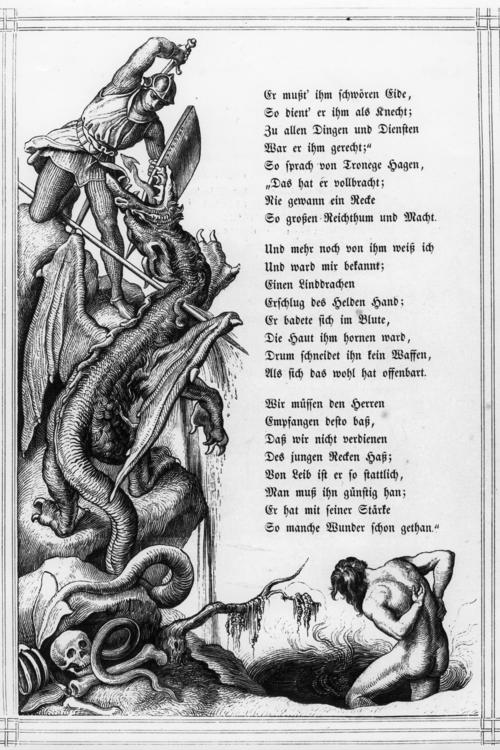 Drachentöter: Das mittelalterliche Nibelungenlied ist von Hass durchzogen. Der Holzschnitt von Julius Schnorr von Carolsfeld (1843) zeigt, wie Siegfried den Drachen Fafnir erschlägt und in dessen Blut badet.