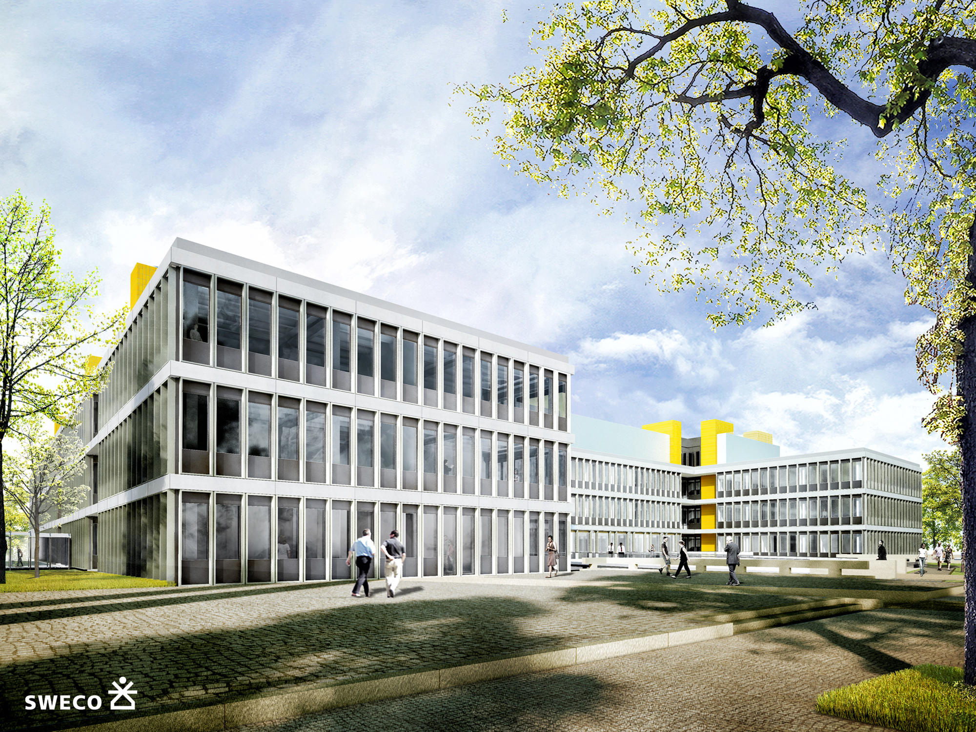 Ausblick auf morgen: Lichtdurchflutet und modern wie in dieser Grafik der Firma Sweco GmbH wird sich das Gebäude in der Takustraße 3 nach der Sanierung präsentieren. Die Fertigstellung ist für Ende 2025 geplant.