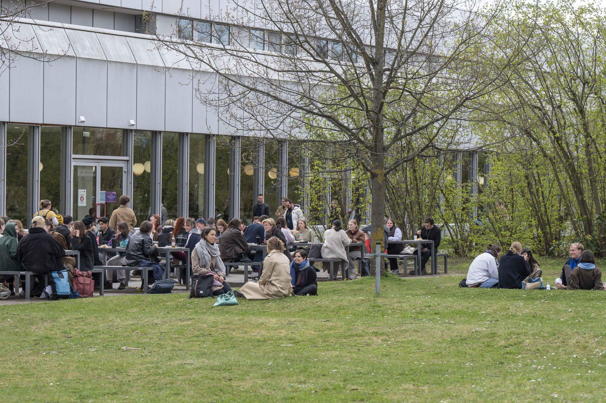 Die Plätze auf der Terrasse der großen Mensa sind begehrt. Danach geht’s auf die Wiese.