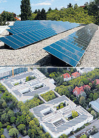 Erst aus der Vogelperspektive werden die Dimensionen deutlich: Die Photovoltaikanlage auf dem Physikgebäude gehört zu den größten Berlins.