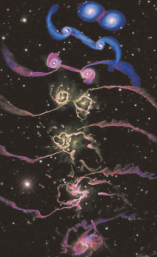 Schillerndes Inferno: Die Simulation zeigt verschiedene Phasen der Kollision und Verschmelzung zweier Spiralgalaxien.