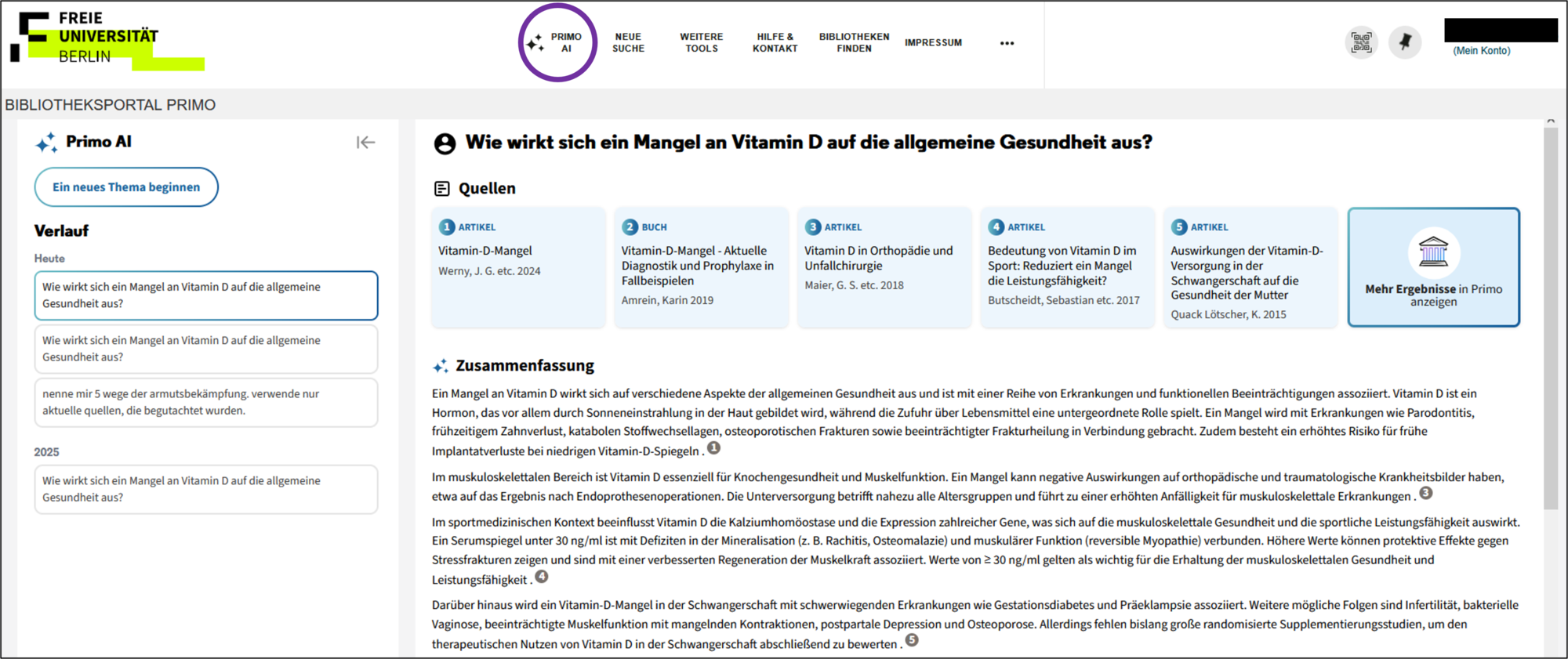 Benutzungsoberfläche von Primo AI